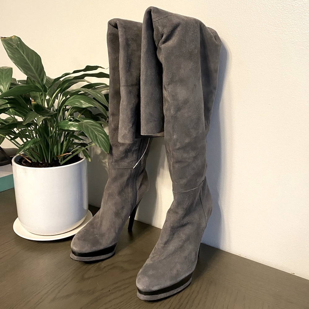 💕 Stuart Weitzman Over The Knee Slate Gray Suede High Heel Stiletto Boots 6.5W